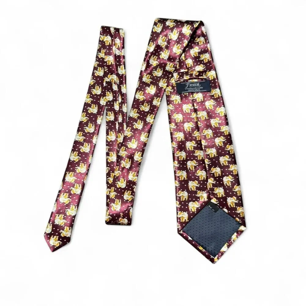 Firsité Burgundy 100% Silk Elephant Print Men's Handmade Necktie
